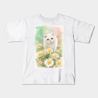 Happy White Cat in the Flower Garden Soft Pastel Colors Kids T-Shirt